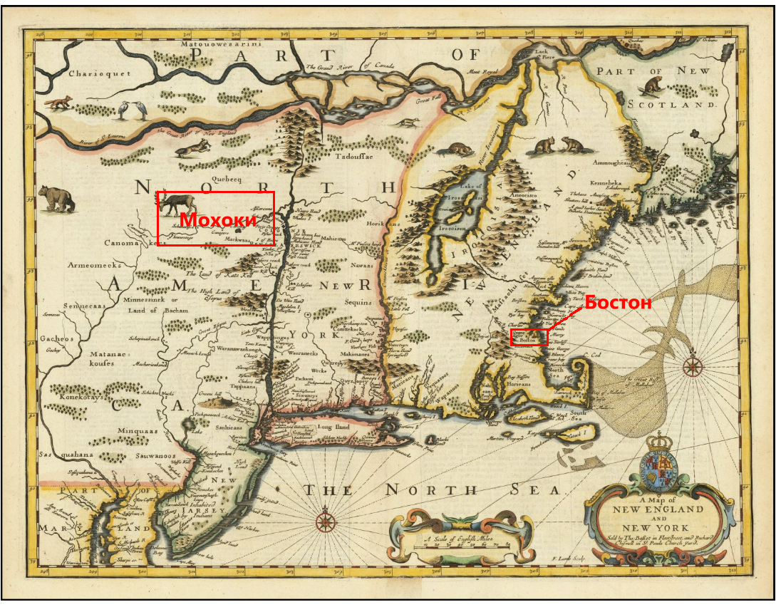 Карта Джона Спида С-В английских колоний по состоянию на 1671 год, основана на более ранней голландской карте 1651 г. Янссона. 