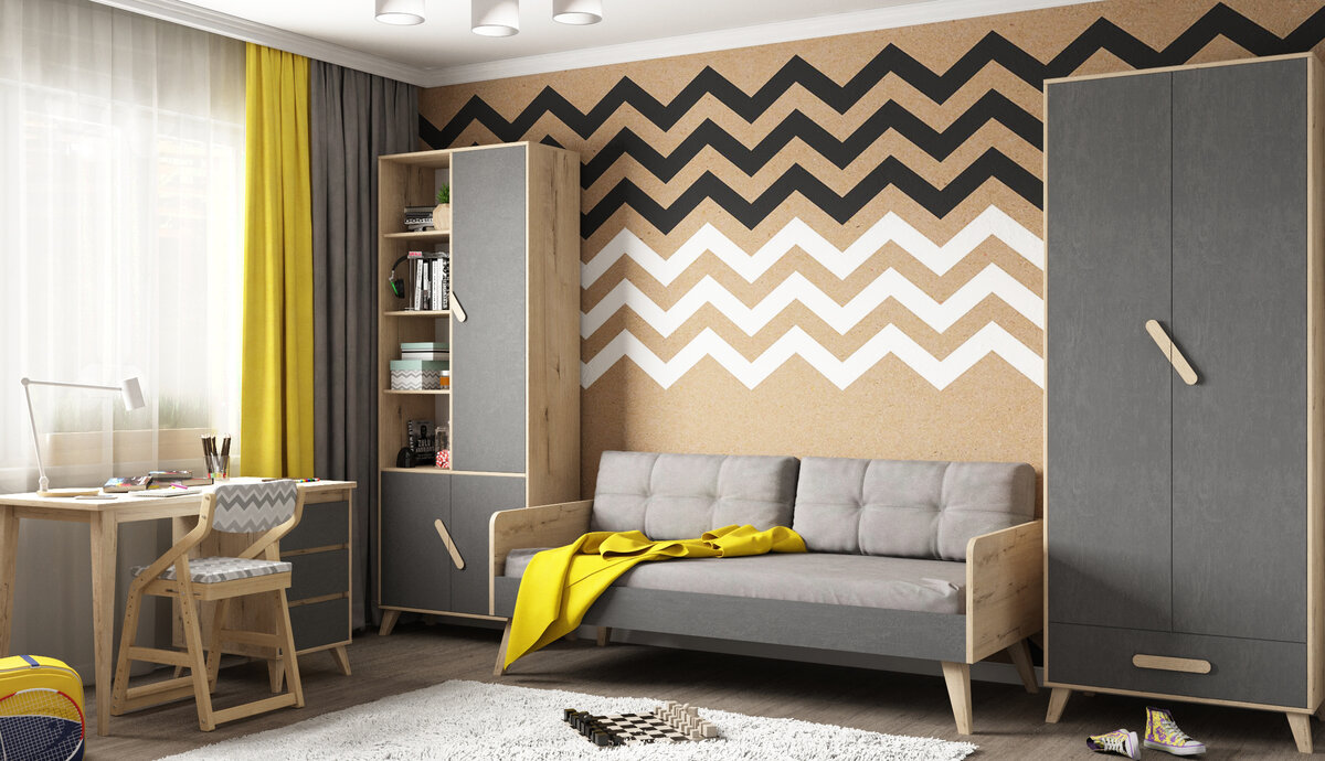 Комната подростков отличается более сдержанным дизайном и стильными элементами оформления