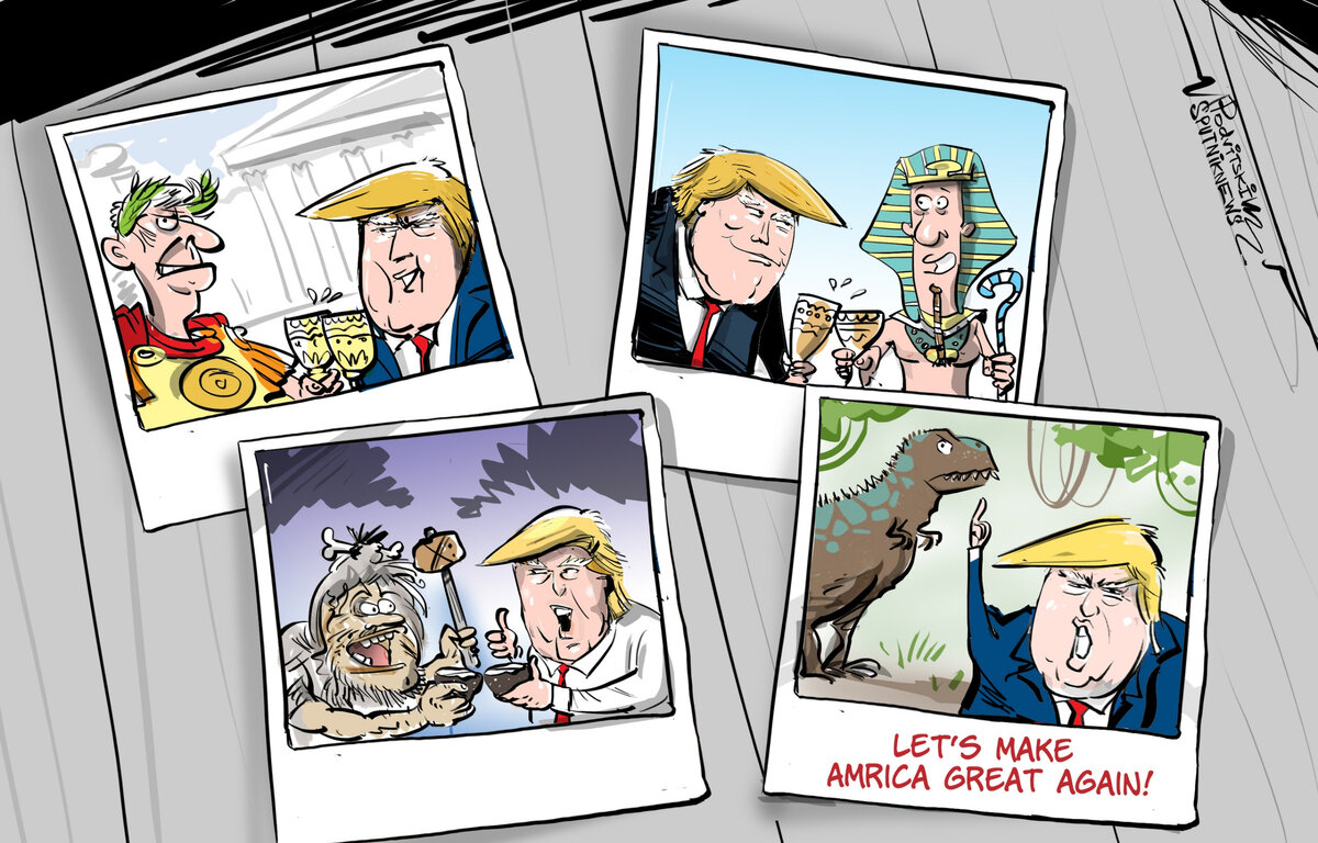 Дональд Трамп с римским патрицием, фараоном, неандертальцем, динозавром // карикатура В.Подвицкого
