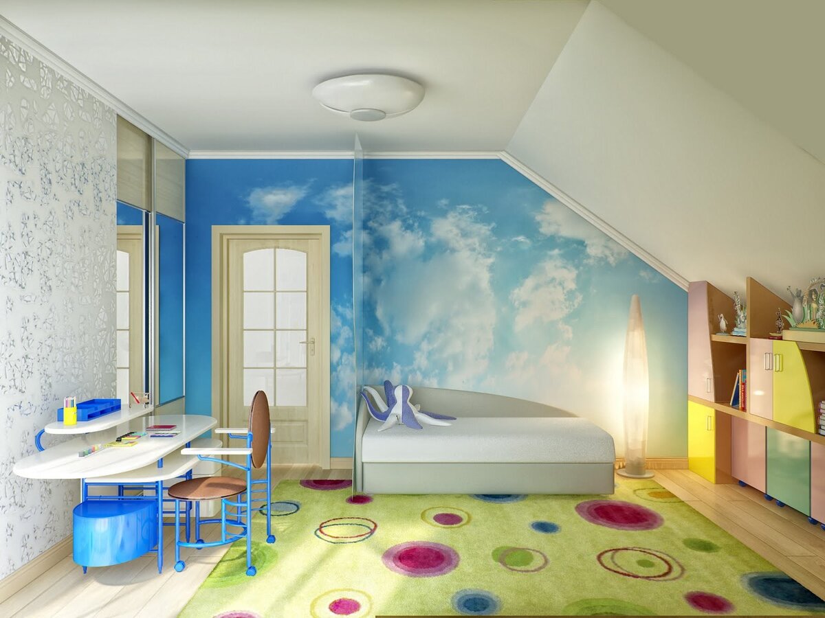 Детская комната с мансардной крышей - 73 фото