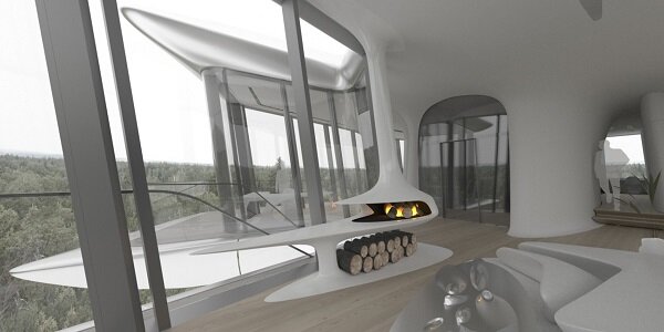Потолочный биокамин в стиле бионика плавно перетекает в стол-тумбу. Как и агрегат на фото ниже, он установлен в московской резиденции Наоми Кемпбелл. Дом для модели спроектирован архитектором Захой Хаггид.