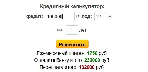 Так выглядит скриншот простейшего кредитного калькулятора.