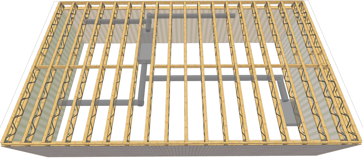 3D модель междуэтажного перекрытия, сформированного балками Posi-Joist с учетом необходимости прокладки системы вентиляции.