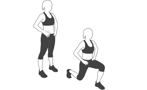 2.  Встаем ровно. Ноги на ширине плеч (или чуть шире). В руках держим  гантели. Затем выполняем глубокий присед, поднимаемся, делаем шаг вперед  (выпад). Опять делаем присед, затем шаг (выпад) другой ногой. Повторяем  2 подхода по 12-15 раз. В чем польза упражнения: прорабатывает мышцы ног, ягодиц, а также мышцы живота. Способствует сжиганию лишнего жира в области бедер.