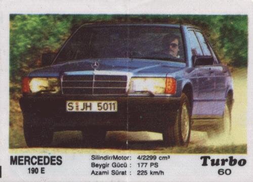 Турбо №60. Mercedes 190E. Фото дополняла информация с названием автомобиля, с самыми интересными техническими характеристиками и номером вкладыша. 