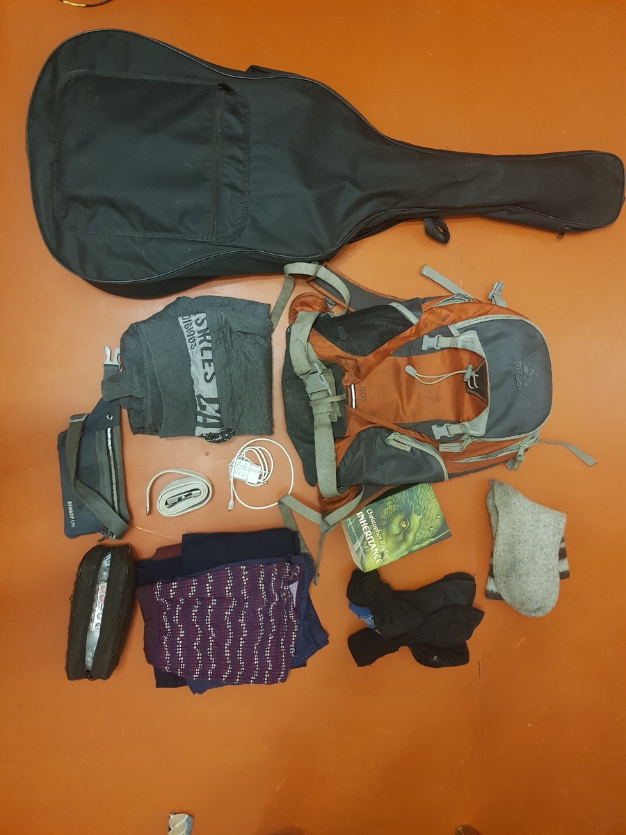 самые нужные вещи в путешествии: рюкзак, покрывало, аптечка, белье, носки, зарядки для гаджетов, поясная сумка, кофта, носки, гитара, книга.