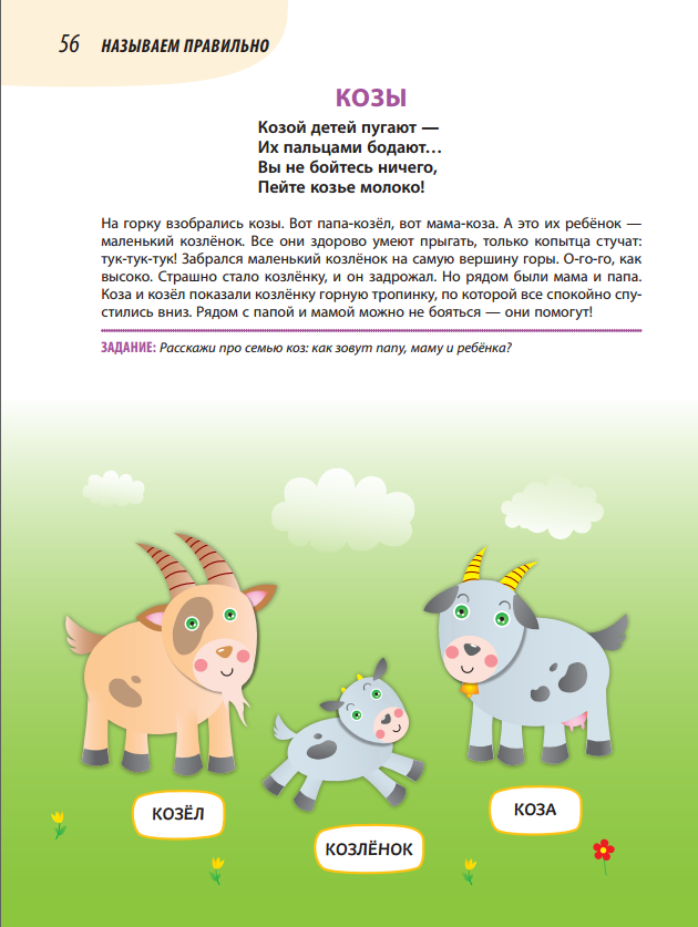 Это КОЗЁЛ. Это КОЗА. А это их ребёнок - ... (?) КОЗЛЁНОК!