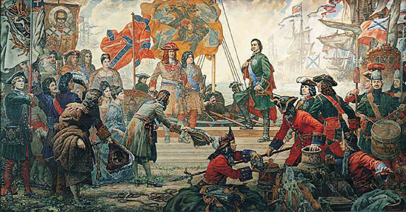 Картина художника Василия Нестеренко «Триумф российского флота».Сюжет картины: Петр I принимает в 1723 года парад русского флота в Кронштадте, в годовщину Полтавской баталии. На Кронштадтском рейде тогда стояло более 30 кораблей. Это был самый сильный флот Северной Европы.Архиерей Гавриил Бужинский благословляет царя Казанской иконой Божией Матери. Петр всходит на ботик «Святой Николай», чтобы стать рулевым! За весла возьмутся российские адмиралы. Рядом с Петром его  сподвижники - командующий флотом генерал-адмирал Апраксин, канцлер Головкин и дипломат Толстой. При этом все европейские посланники снимают шляпы перед могуществом Петра и силой российского флота.