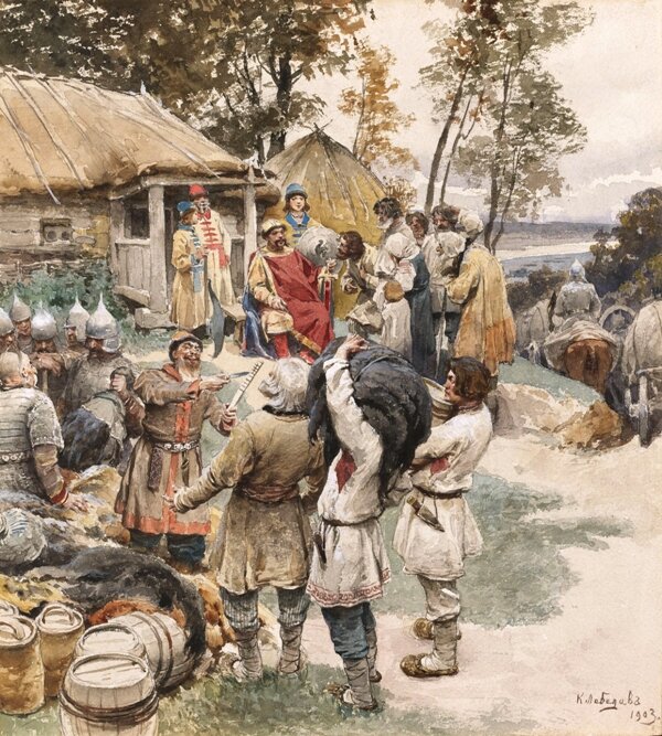 Князь Игорь собирает дань с древлян. https://ru.wikipedia.org/wiki/File%3AKnyaz_Igor_in_945_by_Lebedev.jpg