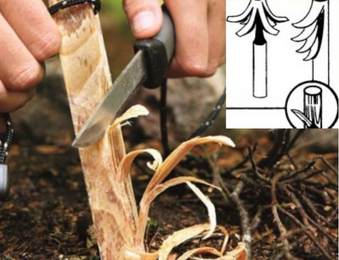 Начинку костра - сухую щепу лучше приготовить заранее. Скажем, нарезать ножом. В случае затяжных дождей, как и спички лучше носить в непромокаемом пакете или кармане заранее с собой