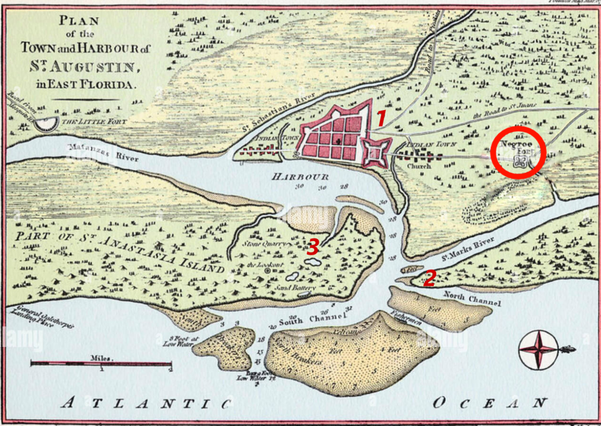 План окрестностей Сен-Августина. Красный кружок - форт Моуз, 1 - крепость де сан Маркос и город Сен-Августин, 2 - мыс Пойнт-Квартелл, 3 - остров Анастасия