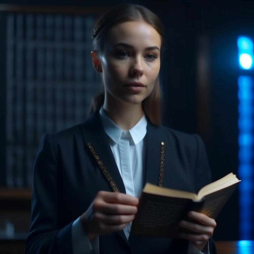 Kandinsky 2.2 by Sber AI, pезультат генерации по запросу "Девушка-юрист держит в руках кодекс и совершает юридическое заклинание", стиль: 4k