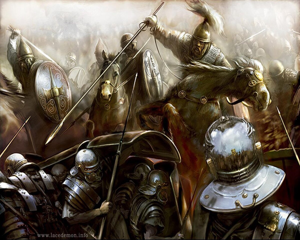 Атака кавалерии на римскую пехоту. Картина современного художника.