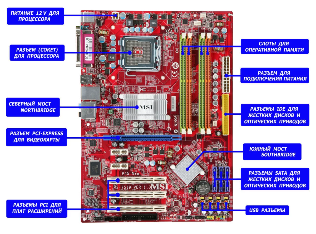 Спд на пк. Материнская плата составляющие компоненты ASUS. Устройство материнской платы схема. MSI 7360 материнская плата разъёмы. Материнская плата асус питание видеокарты.