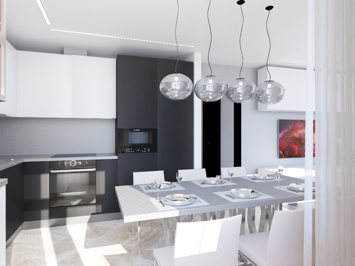 Современное вариантное освещение - отличное решение.  Кроме встроенных светодиодных светильников, подсвечивающих все пространство, есть эффектный зонирующий свет над столом.