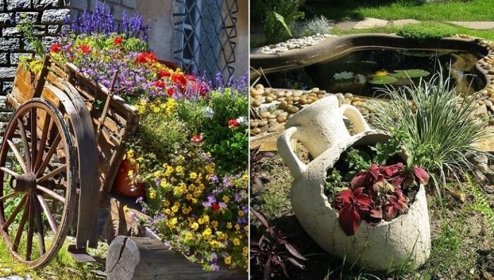  
Лучшие идеи для дачи.
Прежде чем выбрасывать ненужные предметы, подумайте о том, что они могут пригодиться для создания элементов декора, которые запросто можно использовать в саду или во дворе на даче. Поэтому, если у вас завалялись пластиковые или стеклянные бутылки, автомобильные покрышки, старые ящики, коробки, вёдра и вазоны, смело используйте их для воплощения своих идей, благодаря которым любой дачный участок преобразится в считанные минуты.
