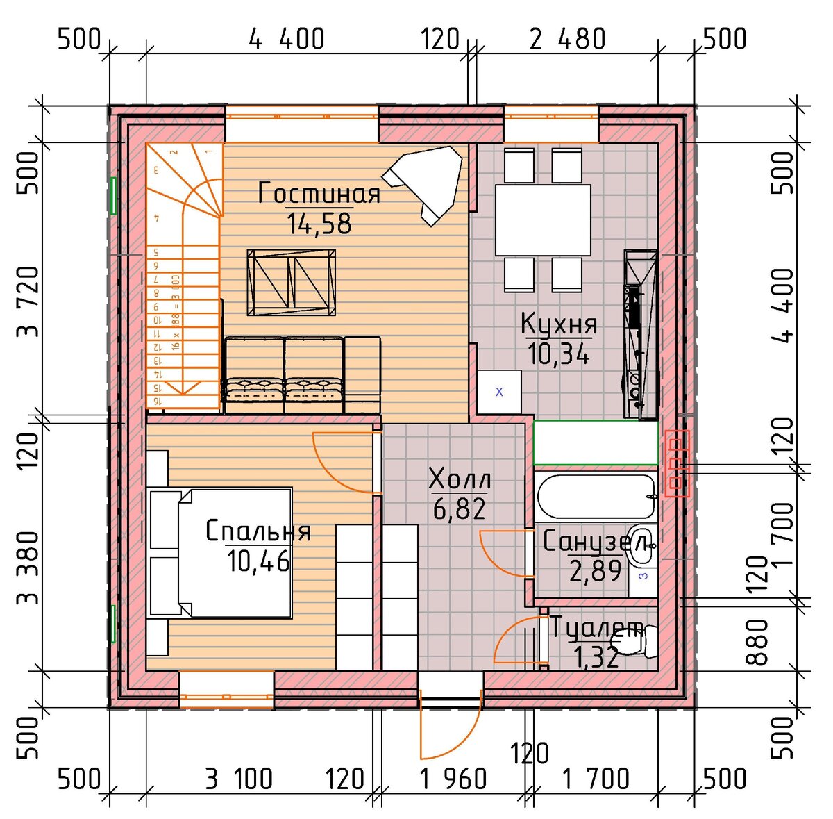 Маленький дом 8 х 8 м. из кирпича, с мансардой, общей площадью 72 кв.м. ??