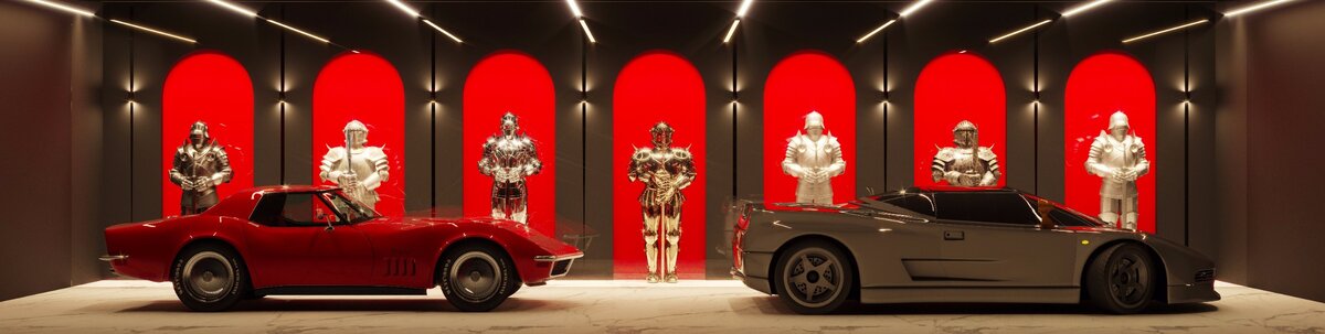 Интерьер гаража, совмещенного с экспозицией коллекции доспехов от нашего "Архбюро Доценко"