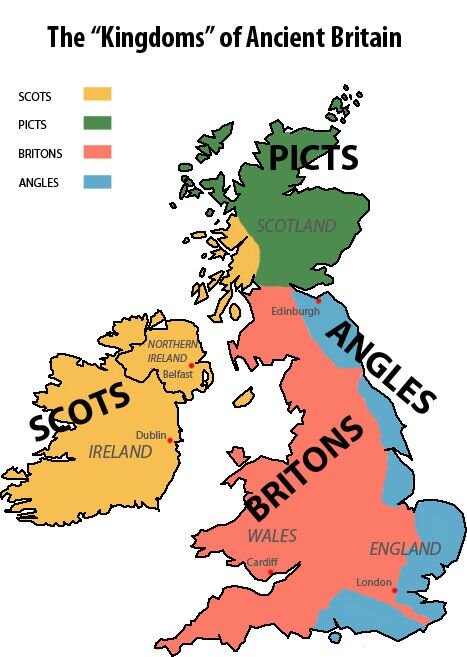 Языковая ситуация на островах на момент прибытия англосаксов. Скоты (шотландцы) изначально жили в Ирландии, и лишь позже переселились в Каледонию и вытеснили пиктов. Изображение из интернета