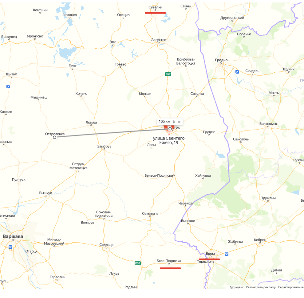 Яндекс-карты // отмечены Сувалки и Бяла-Подляска - примерные крайние точки на северном и южном фасах Белостокского выступа - и Брест.