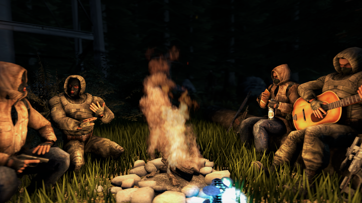 Костер s.t.a.l.k.e.r. Сталкер посиделки у костра. 4 Stalker у костра с гитарой. S.T.A.L.K.E.R. посиделки у костра.