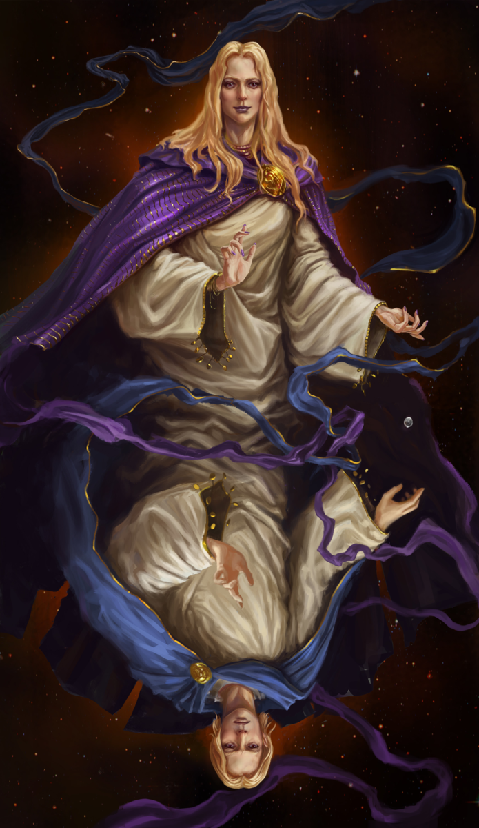 Карта Опоннов (арт Adam Schmidt, www.artstation.com). Считалось, что ситуацией управляет тот из Близнецов, чья половина карты ближе к раскладу. При этом Господин толкает (к неудаче), а Госпожа тянет (к удаче).