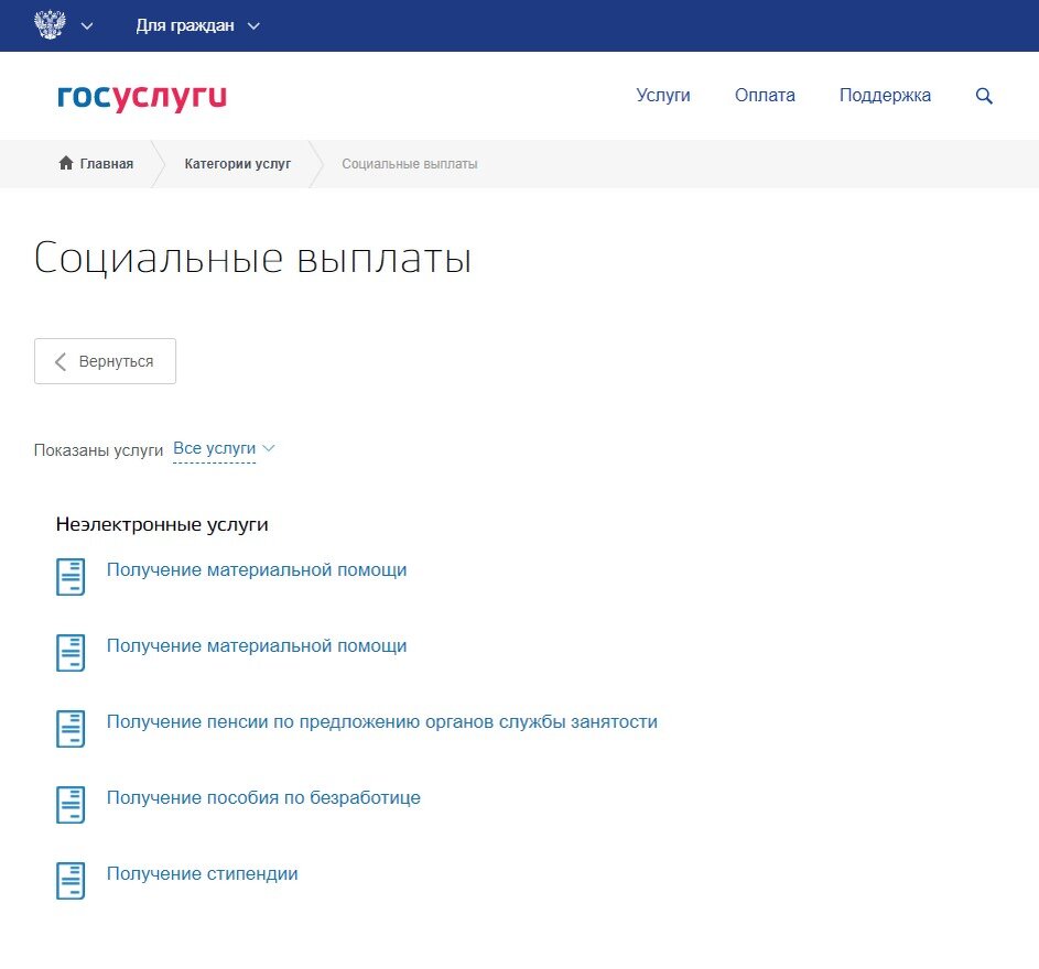 Социальные выплаты на сайте госуслуг.