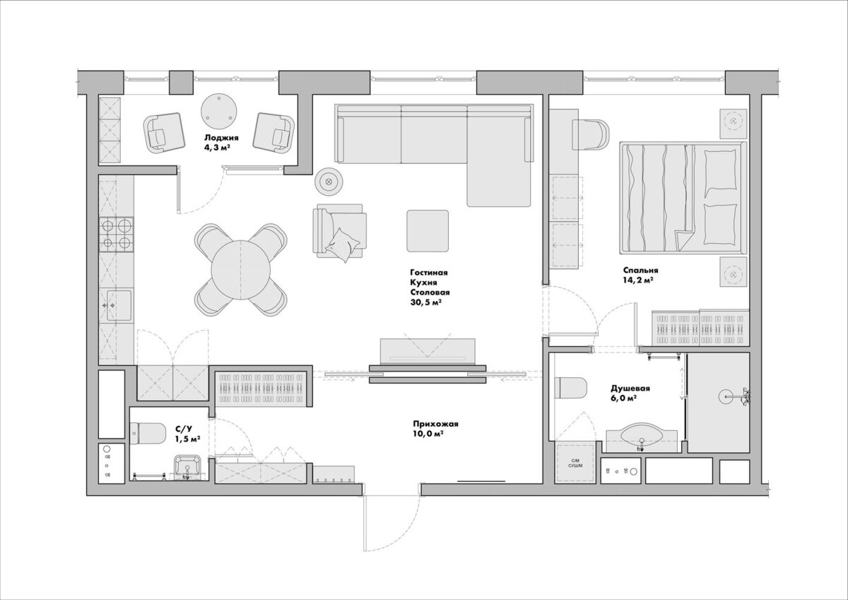 Внутренние перегородки в квартире отсутствовали, поэтому демонтировать ничего не пришлось. Планировку сформировали, исходя из запросов владельца — обустроили ванную комнату со входом из спальни и гостевой санузел с гардеробной при прихожей.