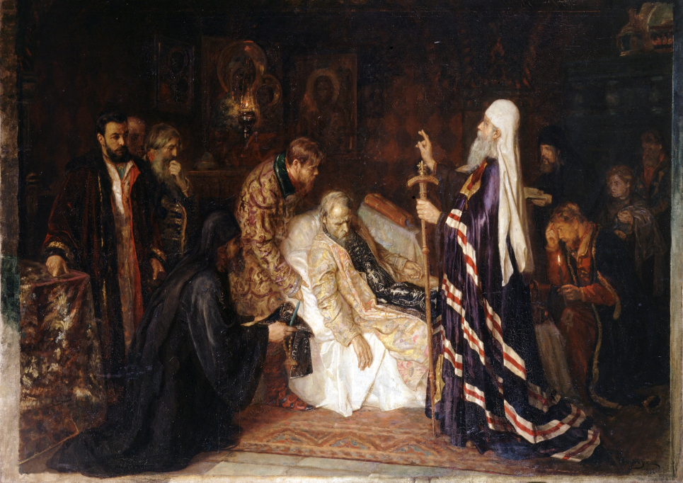 Именно так митрополит Дионисий по версии художников XIX века провожал в последний путь Ивана Грозного. Митрополит был знатный, большой поклонник Шуйских, погорел на попытке развода царя Фёдора. Из открытых источников