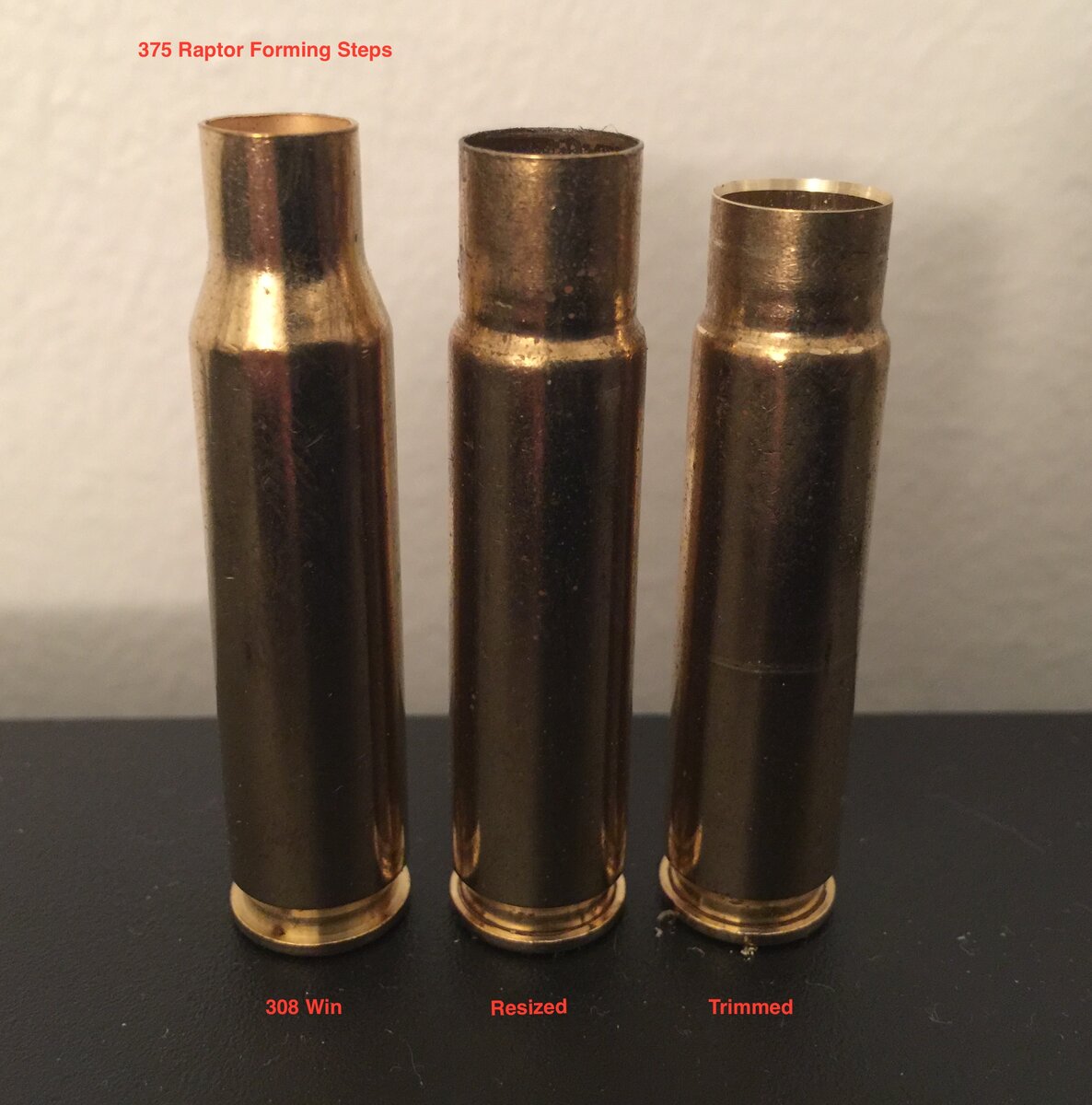Этапы формирования гильзы 375 Raptor из 308 Win фото с сайта производителя