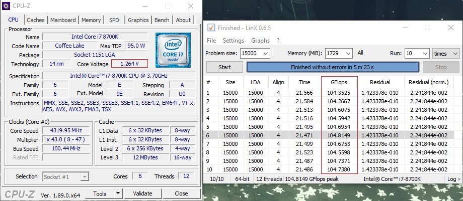 Вот так выглядит работа процессора на настройках из коробки. Обращаем внимание на напряжение и результаты в гигафлопсах - за все 10 прогонов результат не должен сильно меняться. Я считаю стабильными показатели в пределах либо +1, либо -1. То есть, например, 104-105 или 103-104 стабильно, 103-105 нет. Хотя даже при большем разбросе система может работать абсолютно стабильно.