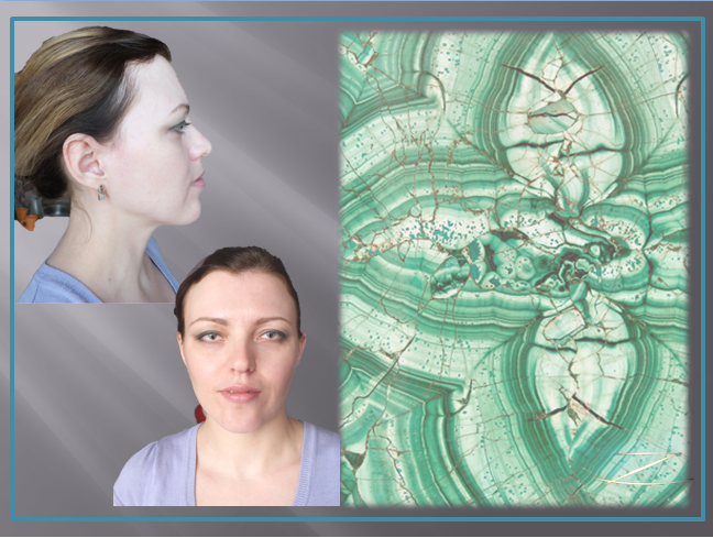 Одна из эстетик образности, предложенная для концепции стиля Анны. У неё особенные глаза: зелёные и с продольными зрачками, как у ящерки... И явная асимметрия в лице.
Коллаж автора