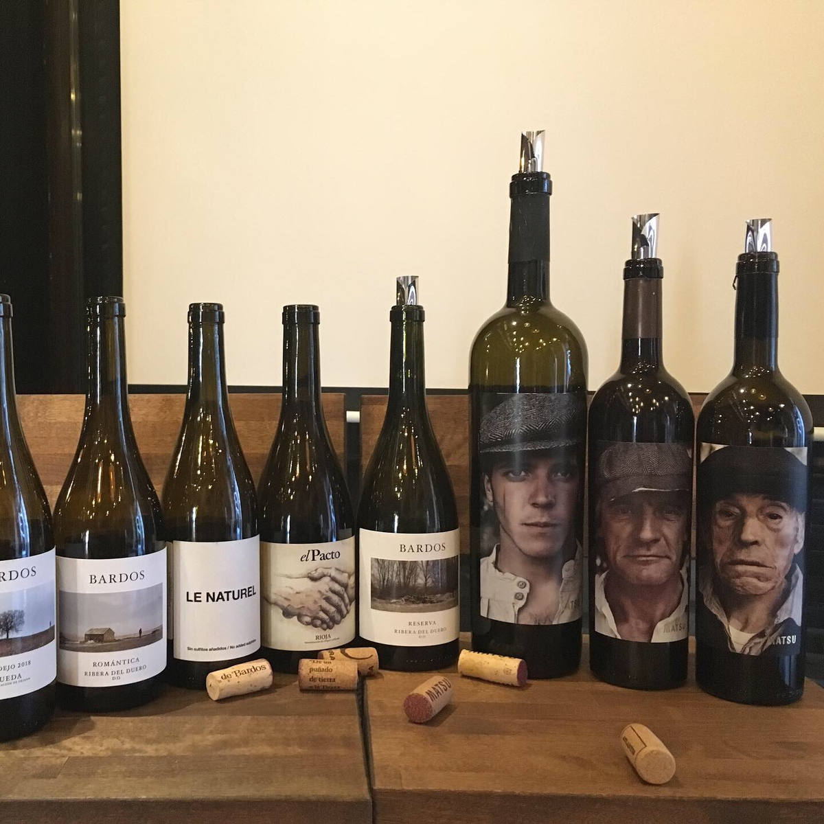  Слева направо: Bardos Rueda Verdejo, Bardos Romantica Crianza Ribera del Duero, Le Naturel (органическое), El Pacto Rioja, Bardos Reserva Ribera del Duero, Matsu El Picaro, Matsu El Recio, Matsu El Viejo