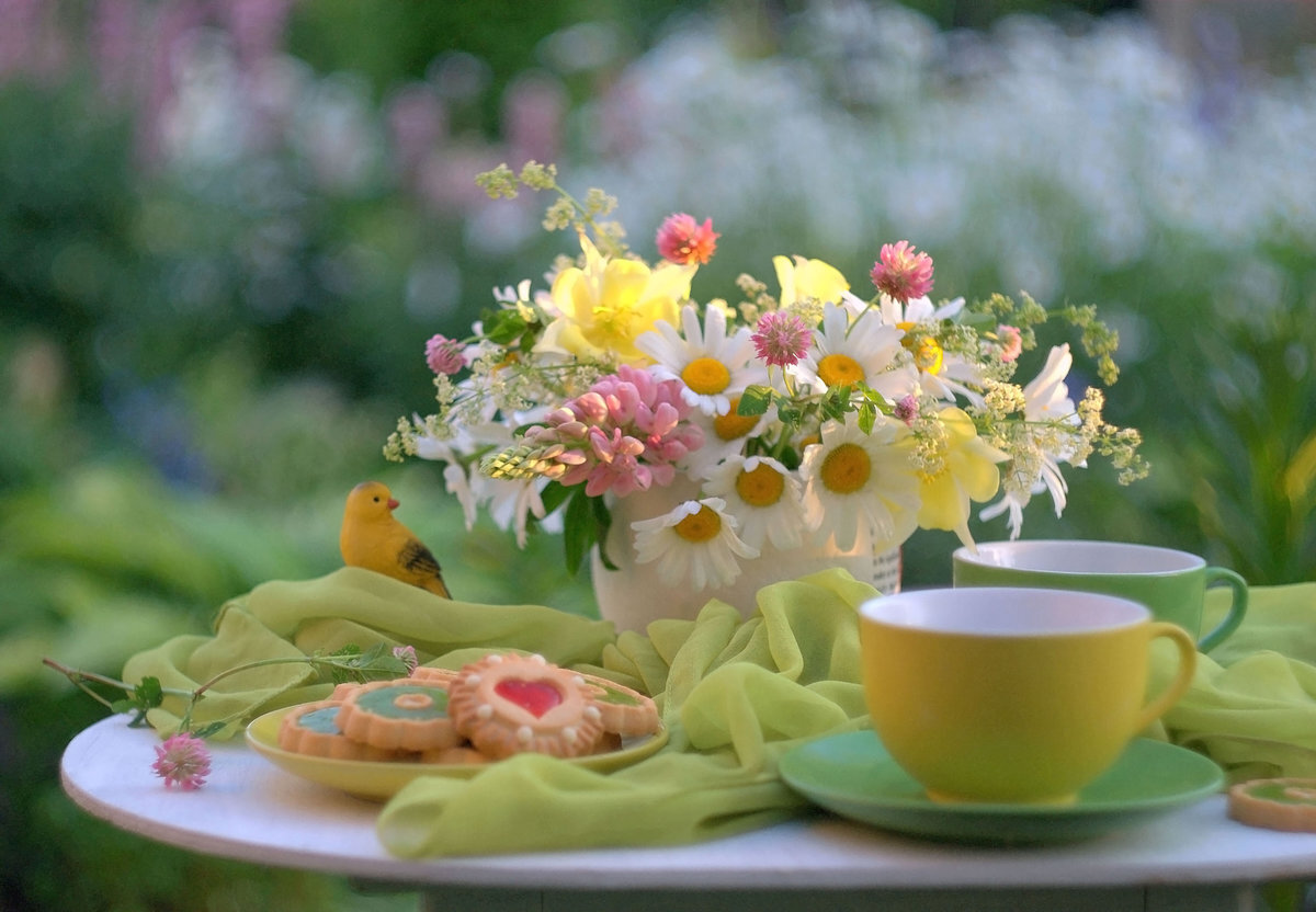Это было красивое утро. Утро лето. Завтрак с цветами. Красивое утро. Летнее чаепитие.