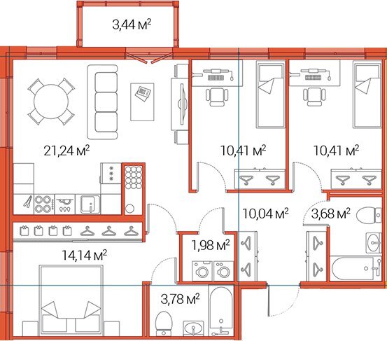 Квартира для пары с двумя детьми:
Родительская спальня со своим санузлом, 2 детских, просторная кухня-гостиная
