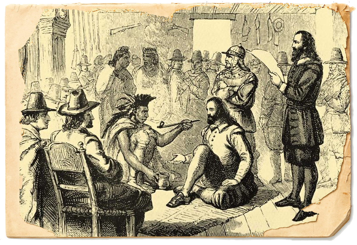 Индейцы показывают Колумбу, как курить табак