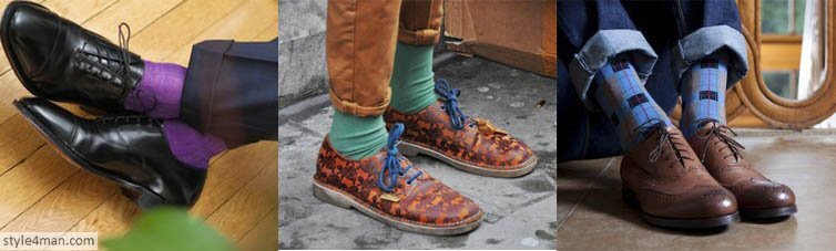 В расцветке носков можно также соединить все цвета, которые присутствуют в вашем комплекте одежды. Классно будут смотреться яркие цветные носки, как акцент в вашем образе, если вы одеты в монохромную гамму цветов и весь ваш наряд состоит из одежды нейтральных тонов, например черного, серого, белого или бежевого цвета.

Вариантов масса, и вы в полной мере сможете проявить свою креативность, однако, чтобы не попасть впросак, следует знать элементарные правила, касающиеся ношения мужских носков.