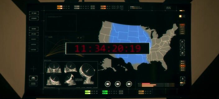 "Старгёл", кадр из фильма. Синяя -- это зона поражения супероружия злодее. Обратите внимание на то, какие штаты попадают в эту зону. 