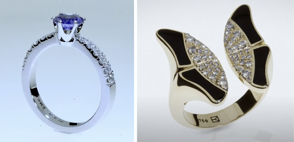 Слева - платиновое кольцо с шриланкийским сапфиром, справа - кольцо-бабочка с бриллиантами и черной эмалью. Все работы мастер выполняет сам и полностью с нуля.