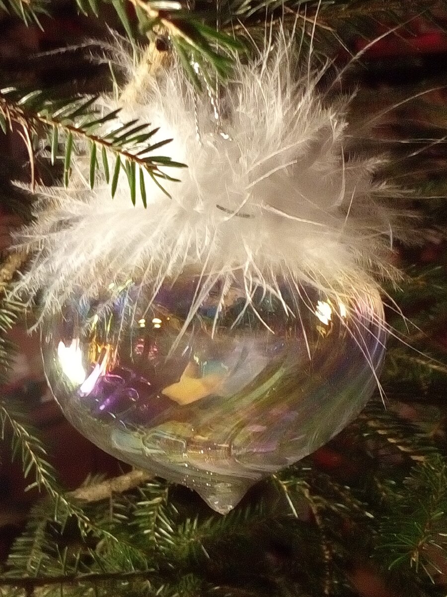 Фото автора. Прозрачно-перламутровое чудо было куплено к 2020 Новому году, но тогда с ёлкой совсем не получилось. Так и пролежала эта игрушка в коробочке целый год. 