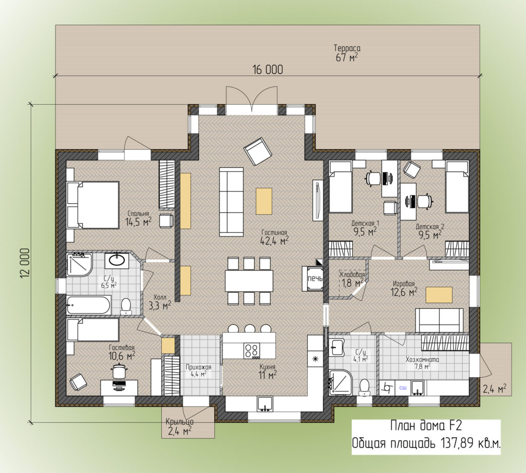 Планировка дома с проходной гостиной, источник — homes66.ru