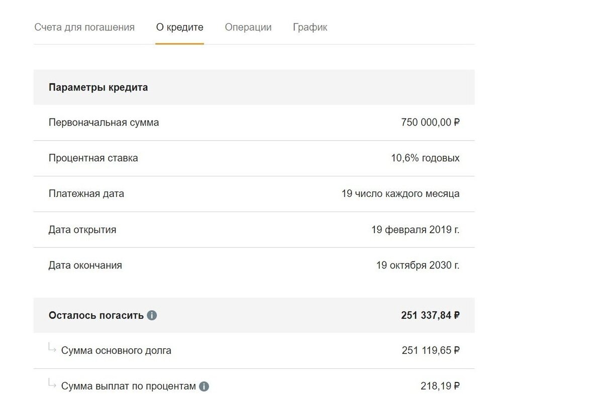 4 февраля 2020 года до внесения досрочного платежа сумма основного долга — больше 250 тысяч рублей, 218,19 рублей — проценты, которые начислил банк с последнего внесения платежа.