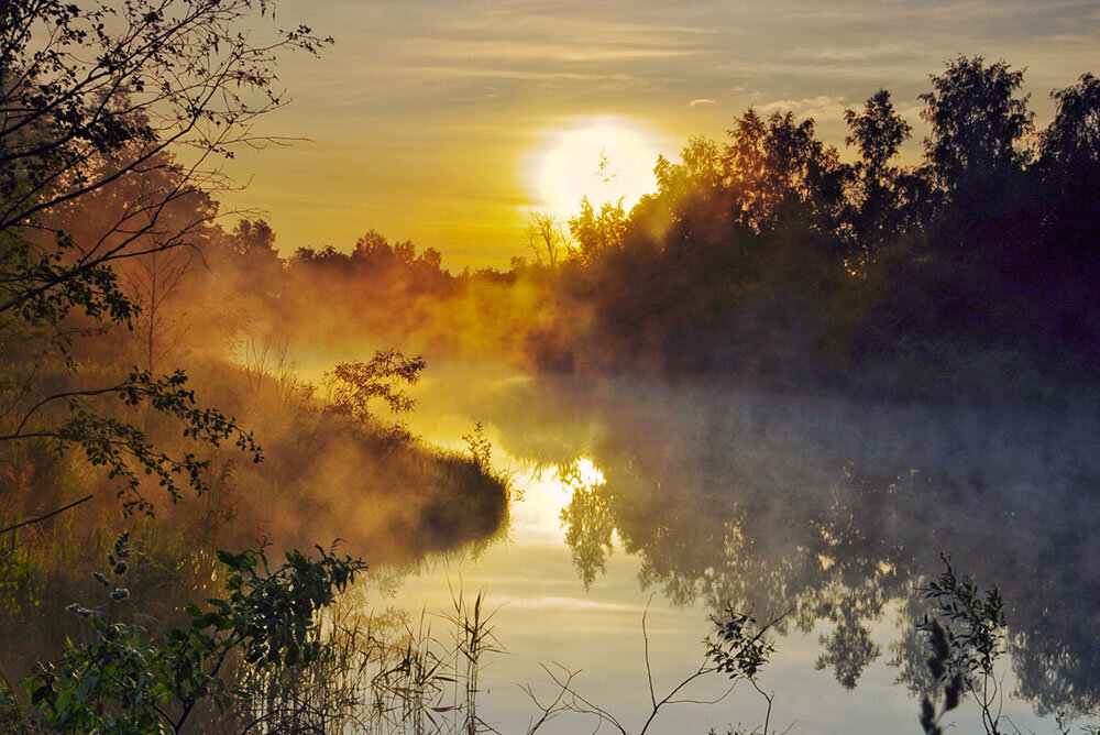 Гаснет багряный луч. Утро река туман. Рассвет над озером. Утренний пейзаж. Пейзаж туман.