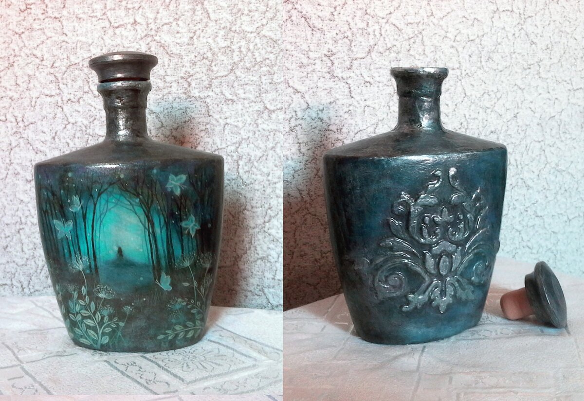 Декорированная бутылка - распечатка, подрисовка, объемный узор трафаретом