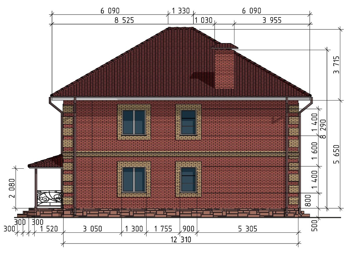 Кирпичный дом 11х12 м. площадью 210 м² (Визуализация + планы этажей и фасады с размерами) ??