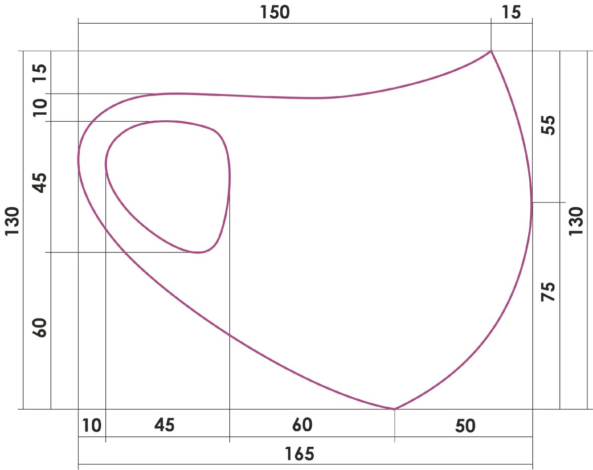 Выкройка маски без припуска на шов по передней части, размер в мм