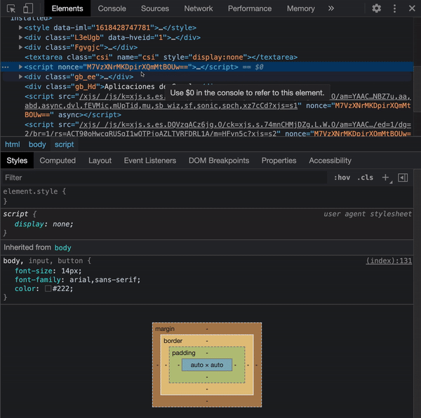 Пример использования инструментов разработчика Google Chrome