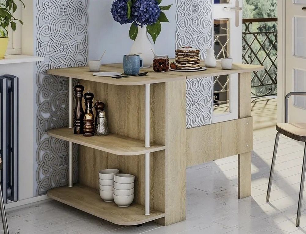 Размеры: длина в сложенном виде - 41 см, в разложенном - 110 см, ширина - 80 см, высота - 75 см. Цвет: сонома (как на картинке). Материал: ЛДСП. Складной обеденный стол, который можно использовать и для работы с ноутбуком, если установить эту модель в гостиной. Размеры столешницы в разложенном виде: 80х110 см. Стол оборудован двумя открытыми нишами с декоративными хромированными стойками. Вес: 27 кг. Объём: 0,047 м3. Не требует специального ухода. Гарантийный срок: 1 год. Производство: Россия. 