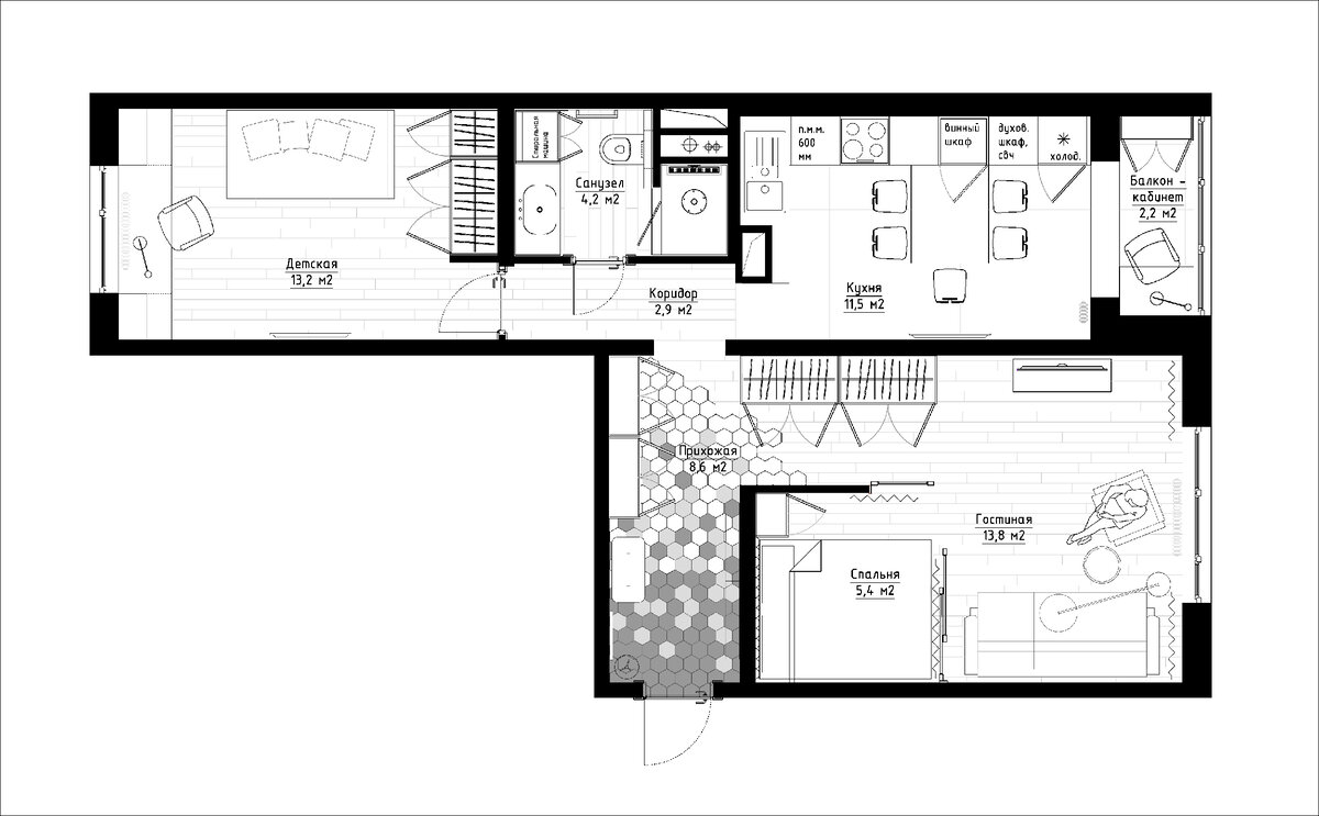 В типовой двушке требовалось обустроить несколько функциональных зон: гостиную, спальню, детскую и рабочий кабинет. Решили поставленную задачу посредством перепланировки. Место для спальни удалось выделить в гостиной: для этого пожертвовали кладовой и частью прихожей, вторую комнату отвели под детскую. Лоджию утеплили и присоединили к кухне, чтобы организовать рабочее место.