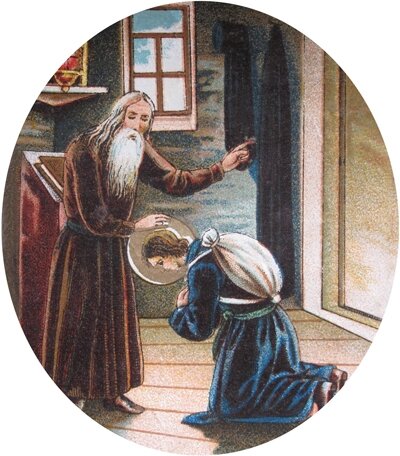 Затворник Китаевской пустыни Досифей благословляет Прохора Мошнина на поступление в Саровскую пустынь. Хромолитография нач. XX в. 